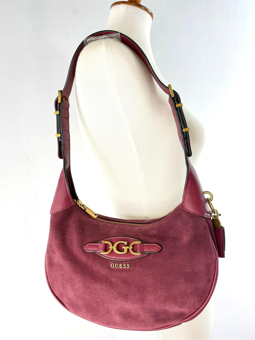 GUESS Malva Wine Suede and Leather Hobo Bag